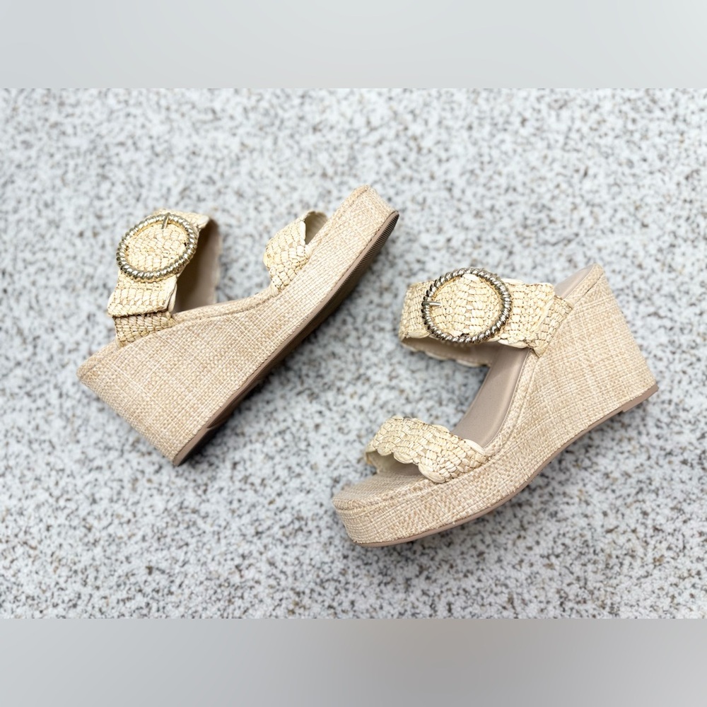 Women Boutique Rattan Boho Woven Wedges Sandals Soda Tan Size 7.5